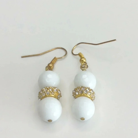 Jewelry - Handmade White, Gold & Rhinestones Earrings